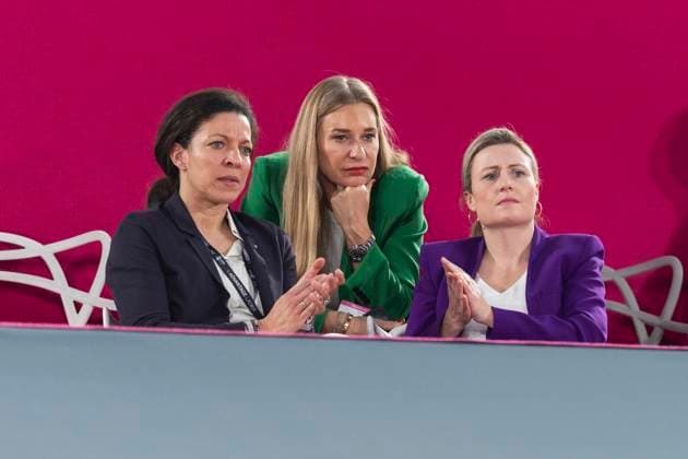 TENNIS - WTA, Tennis Damen Upper Austria Ladies Linz LINZ,AUSTRIA,31.JAN.24 - TENNIS - WTA Tour, Upper Austria Ladies Linz. Image shows Stephanie Bonner (OETV), Barbara Schett Eagle (AUT) and Minister for Women and Integration Susanne Raab.  GEPAxpictures xGintarexKarpaviciute