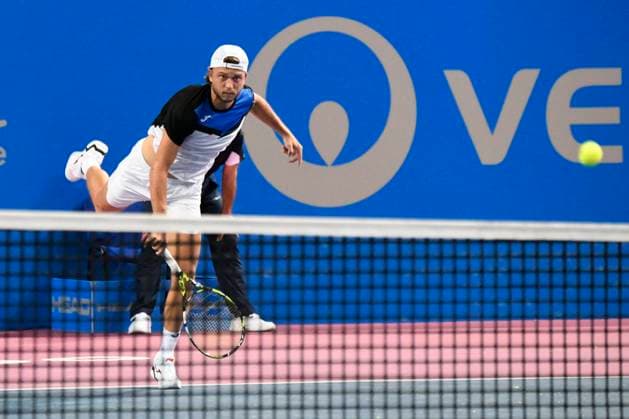 MONTPELLIER, FRANCE - JANUARY 31 : Alexandre MULLER (FRA) during the 2nd round of the ATP, Tennis Herren 250 Open Sud de France tournament vs. Michael MMOH (USA) in Montpellier, France on January 31st, 2024. TENNIS : Open Sud de France ATP 250 - 31 01 2024 ValentinaClaret Panoramic 
