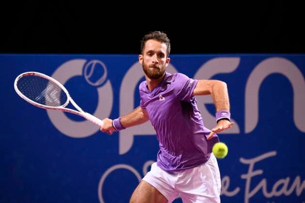 MONTPELLIER, FRANCE - JANUARY 31 : Constant LESTIENNE (FRA) during the 1st round of the ATP, Tennis Herren 250 Open Sud de France tournament vs. Bernabe ZAPATA MIRALLES (ESP) in Montpellier, France on January 31st, 2024. TENNIS : Open Sud de France ATP 250 - 31 01 2024 ValentinaClaret Panoramic 