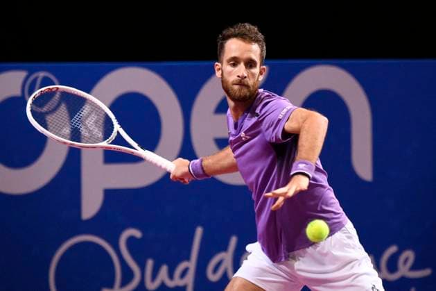 MONTPELLIER, FRANCE - JANUARY 31 : Constant LESTIENNE (FRA) during the 1st round of the ATP, Tennis Herren 250 Open Sud de France tournament vs. Bernabe ZAPATA MIRALLES (ESP) in Montpellier, France on January 31st, 2024. TENNIS : Open Sud de France ATP 250 - 31 01 2024 ValentinaClaret Panoramic 