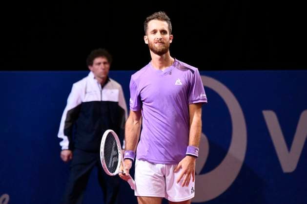 MONTPELLIER, FRANCE - JANUARY 31 : Constant LESTIENNE (FRA) deception during the 1st round of the ATP, Tennis Herren 250 Open Sud de France tournament vs. Bernabe ZAPATA MIRALLES (ESP) in Montpellier, France on January 31st, 2024. TENNIS : Open Sud de France ATP 250 - 31 01 2024 ValentinaClaret Panoramic 