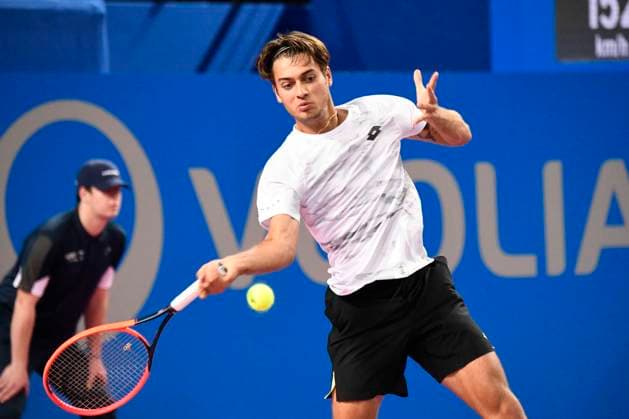 MONTPELLIER, FRANCE - JANUARY 31 : Flavio COBOLLI (ITA) during the 1st round of the ATP, Tennis Herren 250 Open Sud de France tournament vs. Gael MONFILS (FRA) in Montpellier, France on January 31st, 2024. TENNIS : Open Sud de France ATP 250 - 31 01 2024 ValentinaClaret Panoramic 