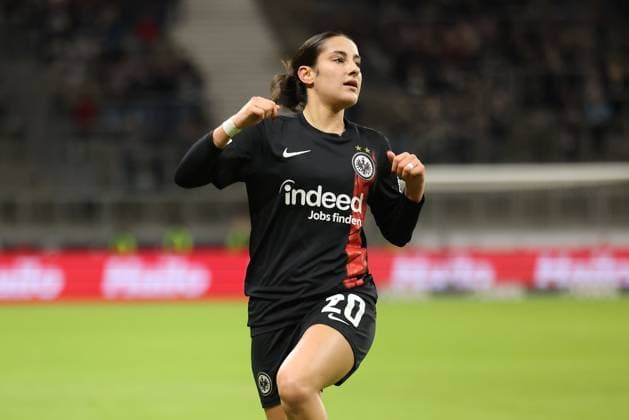 Deutsche Bank Park, Frankfurt Main Germany 31 01 2024 UEFA Women s Champions League match Grouppe A SGE Eintracht Frankfurt Rosengard v l , Ilayda Acikgöz Eintracht Frankfurt Torjubel, Goal celebration, celebrate the goal Copyright: JoaquimxFerreira