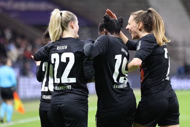 Deutsche Bank Park, Frankfurt Main Germany 31 01 2024 UEFA Women s Champions League match Grouppe A SGE Eintracht Frankfurt Rosengard v l , Ilayda Acikgöz Eintracht Frankfurt , Nadine Riesen Eintracht Frankfurt , Etonam Nicole Anyomi Eintracht Frankfurt , Lara Prasnikar Eintracht Frankfurt Torjubel, Goal celebration, celebrate the goal Copyright: JoaquimxFerreira