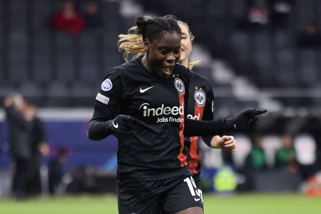 Deutsche Bank Park, Frankfurt Main Germany 31 01 2024 UEFA Women s Champions League match Grouppe A SGE Eintracht Frankfurt Rosengard v l , Etonam Nicole Anyomi Eintracht Frankfurt , Lara Prasnikar Eintracht Frankfurt , Torjubel, Goal celebration, celebrate the goal zum 2 0 Copyright: JoaquimxFerreira