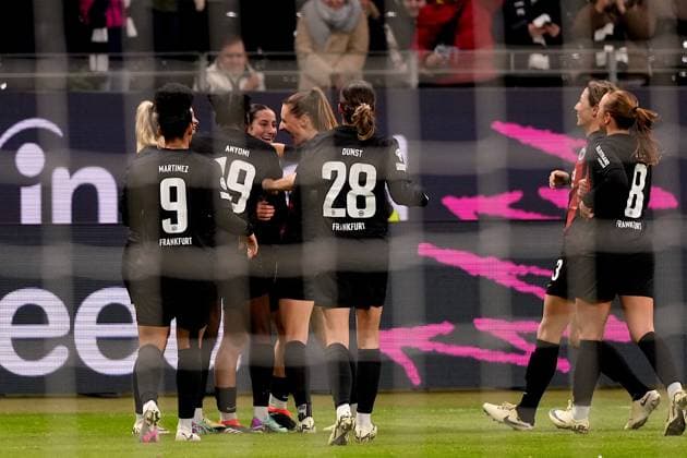 Frankfurt, Germany, January 31st 2024: Ilayda Acikgoez ( 20 Frankfurt ) Nicole Anyomi ( 19 Frankfurt ) Lara Prasnikar ( 7 Frankfurt ) Shekiera Martinez ( 9 Frankfurt ) Barbara Dunst ( 28 Frankfurt ) during the UEFA Womens Champions League football match between Eintracht Frankfurt and FC Rosengard at Deutsche Bank Park in Frankfurt, Germany. (Julia Kneissl SPP) Copyright: xJuliaxKneisslx xSPPx spp-en-JuKnSp-JK_06706.jpeg