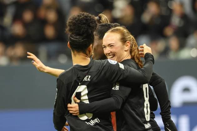 31 01 2024, xusrbx, Football Champions League Women, Eintracht Frankfurt Women FC Rosengard emspor, v l Lisanne Graewe Eintracht Frankfurt, 8 , goal celebration, in the 76th minute of the match, DFL DFB REGULATIONS PROHIBIT ANY USE OF PHOTOGRAPHS as IMAGE SEQUENCES and or QUASI VIDEO Frankfurt am Main