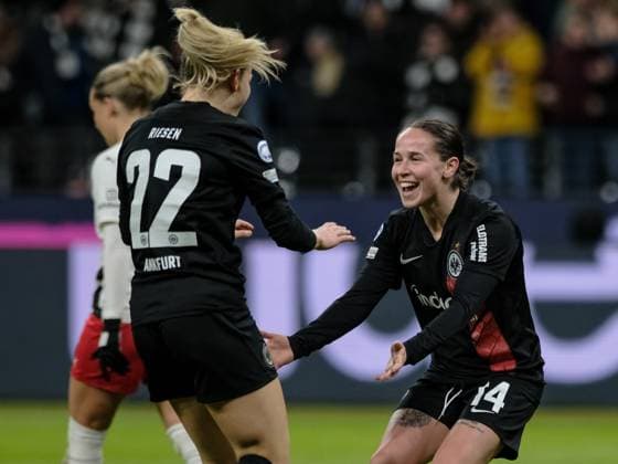 Nadine Riesen Eintracht Frankfurt, 22 and Nicole Anyomi Eintracht Frankfurt, 19 celebrate the goal for 5 0, GER, Eintracht Frankfurt vs FC Rosengard, Football, UEFA Womens Champions League, Group stage, Matchday 6, 2023 2024 season, 31 01 2024 GER, Eintracht Frankfurt vs FC Rosengard, Football, UEFA Womens Champions League, Group stage, Matchday 6, 2023 2024 season, 31 01 2024 Frankfurt Copyright: xEibner-Pressefoto FlorianxWieganx EP_FWD