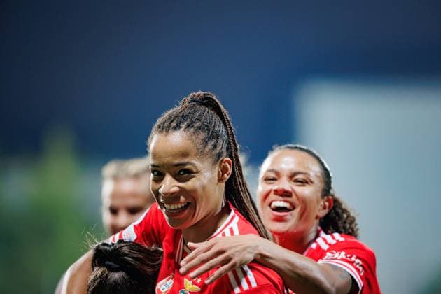 Jessica Silva celebrates after scoring goal during UEFA Women Champions League 23 24 game between SL Benfica and FC Barcelona, Barca at Benfica Campus, Seixal, Lisbon, Portugal. (Maciej Rogowski) Lisbon Estadio Da Luz Portugal Copyright: xMaciejxRogowskix slbfcb-17