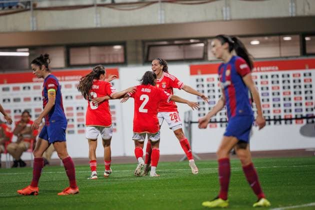 Marie-Yasmine Alidou d Anjou celebrates after scoring goal during UEFA Women Champions League 23 24 game between SL Benfica and FC Barcelona, Barca at Benfica Campus, Seixal, Lisbon, Portugal. (Maciej Rogowski) Lisbon Estadio Da Luz Portugal Copyright: xMaciejxRogowskix slbfcb-15