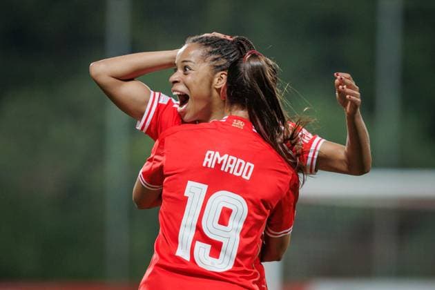 Jessica Silva celebrates after scoring goal during UEFA Women Champions League 23 24 game between SL Benfica and FC Barcelona, Barca at Benfica Campus, Seixal, Lisbon, Portugal. (Maciej Rogowski) Lisbon Estadio Da Luz Portugal Copyright: xMaciejxRogowskix slbfcb-21