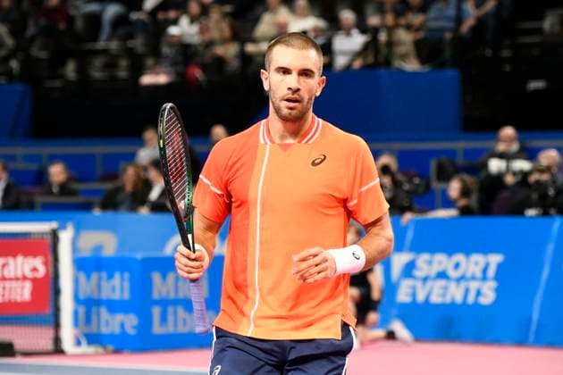 MONTPELLIER, FRANCE - FEBRUARY 1 : Borna CORIC (CRO) during the 2nd round of the ATP, Tennis Herren 250 Open Sud de France tournament vs. Pedro MARTINEZ (ESP) in Montpellier, France on February 1st, 2024. TENNIS : Open Sud de France ATP 250 - 01 02 2024 ValentinaClaret Panoramic 