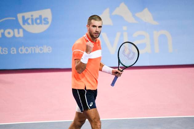 MONTPELLIER, FRANCE - FEBRUARY 1 : Borna CORIC (CRO) celebration during the 2nd round of the ATP, Tennis Herren 250 Open Sud de France tournament vs. Pedro MARTINEZ (ESP) in Montpellier, France on February 1st, 2024. TENNIS : Open Sud de France ATP 250 - 01 02 2024 ValentinaClaret Panoramic 