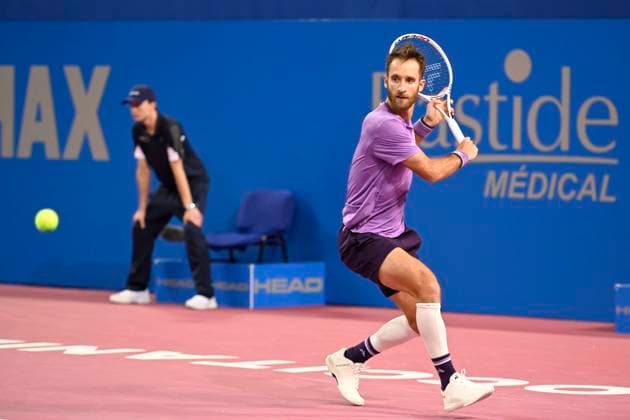 MONTPELLIER, FRANCE - FEBRUARY 1 : Constant LESTIENNE (FRA) during the 2nd round of the ATP, Tennis Herren 250 Open Sud de France tournament vs. Flavio COBOLLI (ITA) in Montpellier, France on February 1st, 2024. TENNIS : Open Sud de France ATP 250 - 01 02 2024 ValentinaClaret Panoramic 