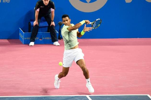 MONTPELLIER, FRANCE - FEBRUARY 1 : Felix AUGER-ALIASSIME (CAN) during the 2nd round of the ATP, Tennis Herren 250 Open Sud de France tournament vs. Arthur CAZAUX (FRA) in Montpellier, France on February 1st, 2024. TENNIS : Open Sud de France ATP 250 - 01 02 2024 ValentinaClaret Panoramic 