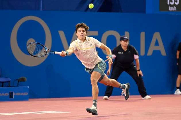 MONTPELLIER, FRANCE - FEBRUARY 1 : Arthur CAZAUX (FRA) during the 2nd round of the ATP, Tennis Herren 250 Open Sud de France tournament vs. Felix AUGER-ALIASSIME (CAN) in Montpellier, France on February 1st, 2024. TENNIS : Open Sud de France ATP 250 - 01 02 2024 ValentinaClaret Panoramic 