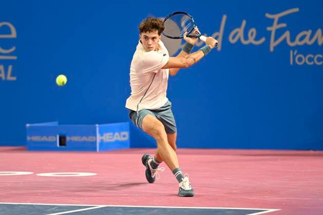 MONTPELLIER, FRANCE - FEBRUARY 1 : Arthur CAZAUX (FRA) during the 2nd round of the ATP, Tennis Herren 250 Open Sud de France tournament vs. Felix AUGER-ALIASSIME (CAN) in Montpellier, France on February 1st, 2024. TENNIS : Open Sud de France ATP 250 - 01 02 2024 ValentinaClaret Panoramic 