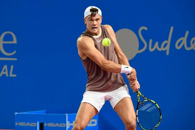 MONTPELLIER, FRANCE - FEBRUARY 1 : Holger RUNE (DEN) during the 2nd round of the ATP, Tennis Herren 250 Open Sud de France tournament vs. Pablo LLAMAS RUIZ (ESP) in Montpellier, France on February 1st, 2024. TENNIS : Open Sud de France ATP 250 - 01 02 2024 ValentinaClaret Panoramic 