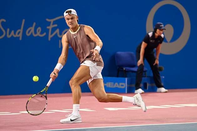 MONTPELLIER, FRANCE - FEBRUARY 1 : Holger RUNE (DEN) during the 2nd round of the ATP, Tennis Herren 250 Open Sud de France tournament vs. Pablo LLAMAS RUIZ (ESP) in Montpellier, France on February 1st, 2024. TENNIS : Open Sud de France ATP 250 - 01 02 2024 ValentinaClaret Panoramic 