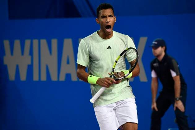 MONTPELLIER, FRANCE - FEBRUARY 1 : Felix AUGER-ALIASSIME (CAN) wins the 2nd round of the ATP, Tennis Herren 250 Open Sud de France tournament vs. Arthur CAZAUX (FRA) in Montpellier, France on February 1st, 2024. TENNIS : Open Sud de France ATP 250 - 01 02 2024 ValentinaClaret Panoramic 