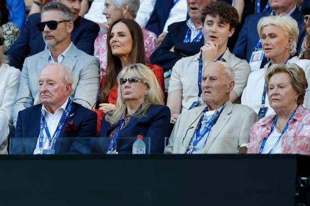 Feature Australian Open,L R tennis legends Rod Laver, partner Susan Johnson and Neale Fraser with wife Thea in the VIP box, Copyright: xJuergenxHasenkopfx