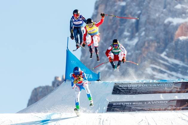 Sport Themen der Woche KW05 Sport Bilder des Tages FREE STYLE - FIS SX WC Alleghe ALLEGHE,ITALY,02.FEB.24 -FREESTYLE SKIING - FIS World Cup, Ski Cross, ladies, men. Image shows Terence Tchiknavorian (FRA), Elliott Baralo (SWE), Johannes Aujesky (AUT), Mathias Graf (AUT).  GEPAxpictures xMaticxKlansek
