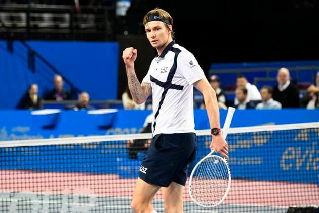MONTPELLIER, FRANCE - FEBRUARY 2 : Alexander BUBLIK (KAZ) smile during the 1 4 final of the ATP, Tennis Herren 250 Open Sud de France tournament vs. Alexander SHEVCHENKO (KAZ) in Montpellier, France on February 2nd, 2024. TENNIS : Open Sud de France ATP 250 - 02 02 2024 ValentinaClaret Panoramic 