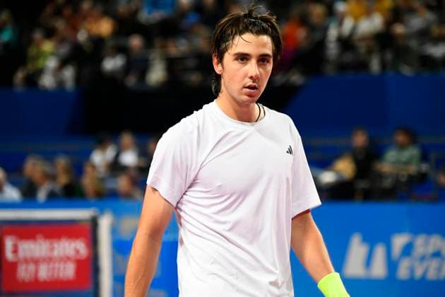 MONTPELLIER, FRANCE - FEBRUARY 2 : Alexander SHEVCHENKO (KAZ) during the 1 4 final of the ATP, Tennis Herren 250 Open Sud de France tournament vs. Alexander BUBLIK (KAZ) in Montpellier, France on February 2nd, 2024. TENNIS : Open Sud de France ATP 250 - 02 02 2024 ValentinaClaret Panoramic 