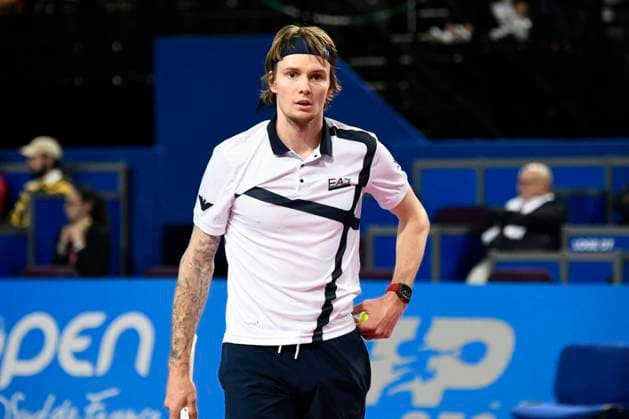 MONTPELLIER, FRANCE - FEBRUARY 2 : Alexander SHEVCHENKO (KAZ) during the 1 4 final of the ATP, Tennis Herren 250 Open Sud de France tournament vs. Alexander BUBLIK (KAZ) in Montpellier, France on February 2nd, 2024. TENNIS : Open Sud de France ATP 250 - 02 02 2024 ValentinaClaret Panoramic 