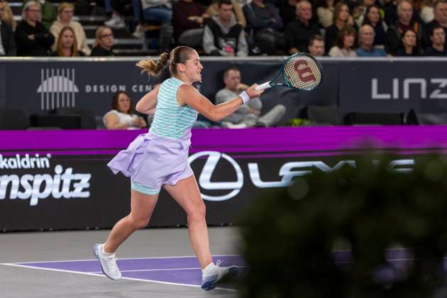 TENNIS - WTA, Tennis Damen Upper Austria Ladies Linz LINZ,AUSTRIA,02.FEB.24 - TENNIS - WTA Tour, Upper Austria Ladies Linz. Image shows Jelena Ostapenko (LAT).  GEPAxpictures xGintarexKarpaviciute