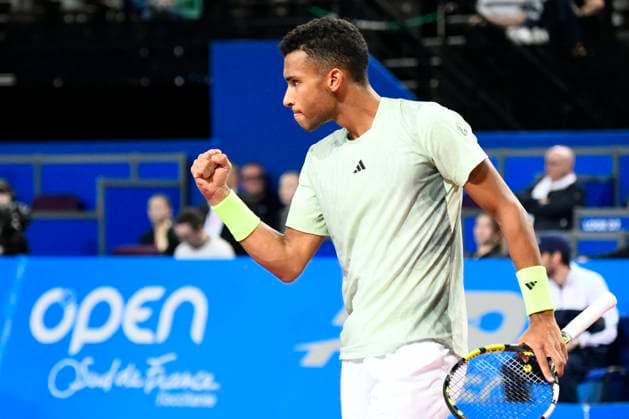 MONTPELLIER, FRANCE - FEBRUARY 2 : Felix AUGER-ALIASSIME (CAN) celebration during the 1 4 final of the ATP, Tennis Herren 250 Open Sud de France tournament vs. Harold MAYOT (FRA) in Montpellier, France on February 2nd, 2024. TENNIS : Open Sud de France ATP 250 - 02 02 2024 ValentinaClaret Panoramic 