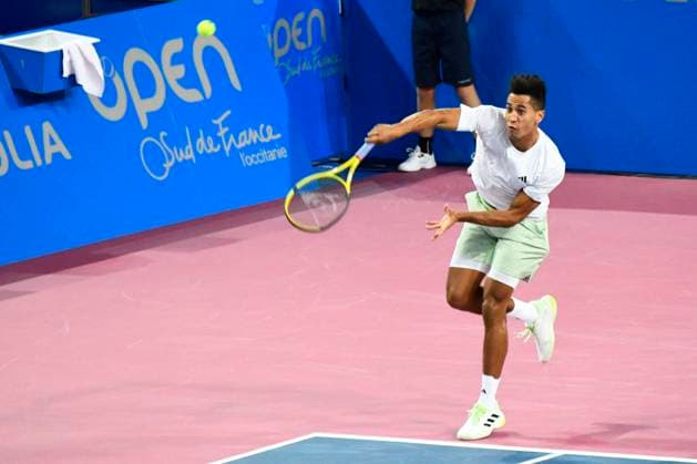 MONTPELLIER, FRANCE - FEBRUARY 2 : Michael MMOH (USA) during the 1 4 final of the ATP, Tennis Herren 250 Open Sud de France tournament vs. Holger RUNE (DEN) in Montpellier, France on February 2nd, 2024. TENNIS : Open Sud de France ATP 250 - 02 02 2024 ValentinaClaret Panoramic 