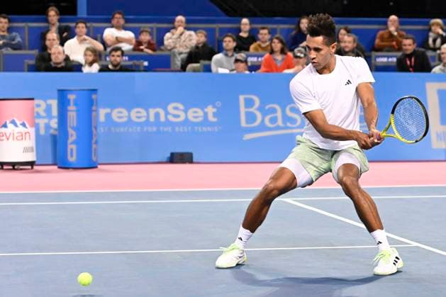 MONTPELLIER, FRANCE - FEBRUARY 2 : Michael MMOH (USA) during the 1 4 final of the ATP, Tennis Herren 250 Open Sud de France tournament vs. Holger RUNE (DEN) in Montpellier, France on February 2nd, 2024. TENNIS : Open Sud de France ATP 250 - 02 02 2024 ValentinaClaret Panoramic 