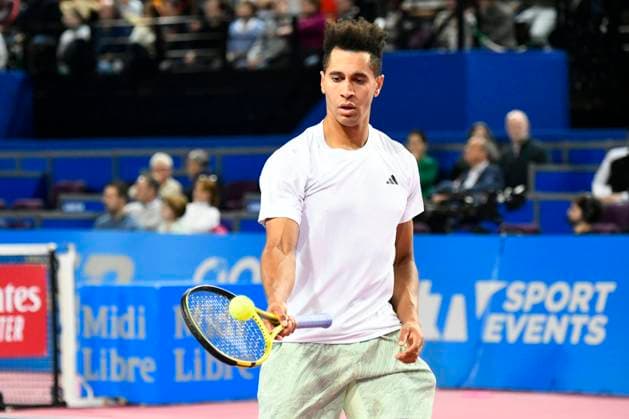 MONTPELLIER, FRANCE - FEBRUARY 2 : Michael MMOH (USA) during the 1 4 final of the ATP, Tennis Herren 250 Open Sud de France tournament vs. Holger RUNE (DEN) in Montpellier, France on February 2nd, 2024. TENNIS : Open Sud de France ATP 250 - 02 02 2024 ValentinaClaret Panoramic 
