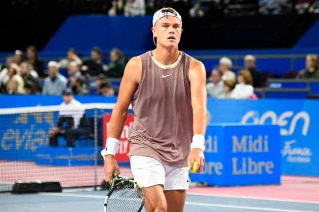 MONTPELLIER, FRANCE - FEBRUARY 2 : Holger RUNE (DEN) during the 1 4 final of the ATP, Tennis Herren 250 Open Sud de France tournament vs. Michael MMOH (USA) in Montpellier, France on February 2nd, 2024. TENNIS : Open Sud de France ATP 250 - 02 02 2024 ValentinaClaret Panoramic 