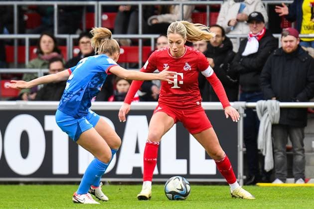 Soccer I Women I Season 2023 2024 I 1 Womens Bundesliga I 12 Matchday I RB Leipzig 1 FC Köln I 03 02 2024 Frederike Kempe 2, Rasenballsport Leipzig faces Sharon Beck 10, 1 FC Köln in duel Leipzig RB Training Center, Cottaweg 7 Saxony Germany Copyright: xLobeca InesxHähnelx