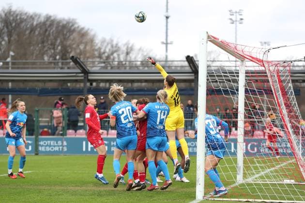 Bundesliga Women RB Leipzig vs 1 FC Köln, 03 02 24 Goalkeeper Elvira Herzog 12, RB Leipzig boxing the ball away in the melee Football, Google Pixel Women Bundesliga, Season 2023 2024, 12 Matchday RB Leipzig vs 1 FC Köln on 03 02 24, RB Academy Cottaweg DFB REGULATIONS PROHIBIT ANY USE OF PHOTOGRAPHS AS IMAGE SEQUENCES AND OR QUASI VIDEO Copyright: xBEAUTIFULxSPORTS JanxKaeferx