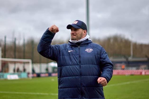 03 02 2024, GER, Womens soccer, BL, 2023 2024, RB Leipzig 1 FC Köln Saban Uzun head coach RB Leipzig , clenches his fists, after victory Leipzig training center of the Red Bull Saxony Germany