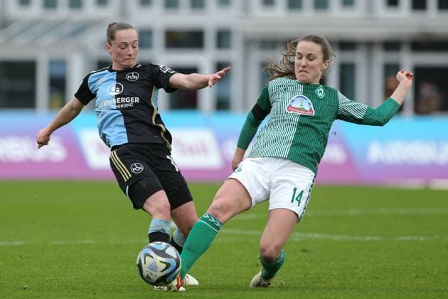 from left Vanessa Haim 1 FC Nürnberg, 19 and Michaela Brandenburg SV Werder Bremen, 14 in a duel, dynamic, action, action, game scene, THE DFB REGULATIONS PROHIBIT ANY USE OF PHOTOGRAPHS AS IMAGE SEQUENCES AND OR QUASI VIDEO , 03 02 2024, Bremen Germany , Football, Google Pixel Womens Bundesliga, SV Werder Bremen 1 FC Nürnberg xobx