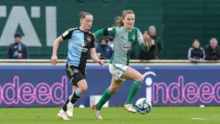 from left Vanessa Haim 1 FC Nürnberg, 19 and Michaela Brandenburg SV Werder Bremen, 14 in a duel, dynamic, action, action, game scene, THE DFB REGULATIONS PROHIBIT ANY USE OF PHOTOGRAPHS AS IMAGE SEQUENCES AND OR QUASI VIDEO , 03 02 2024, Bremen Germany , Football, Google Pixel Womens Bundesliga, SV Werder Bremen 1 FC Nürnberg xobx
