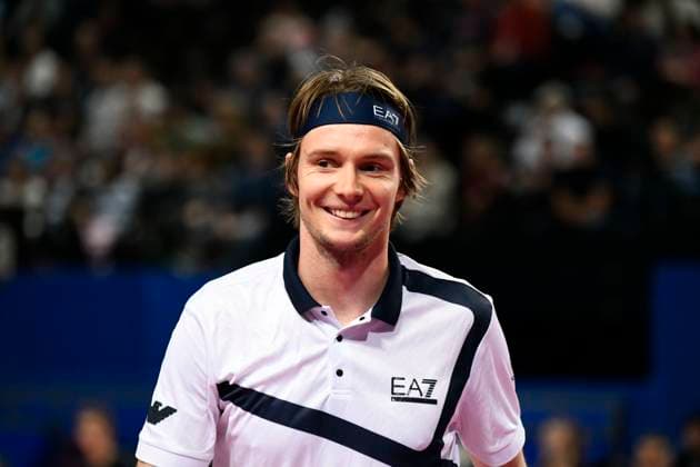MONTPELLIER, FRANCE - FEBRUARY 3 : Alexander BUBLIK (KAZ) smile during the 1 2 final of the ATP, Tennis Herren 250 Open Sud de France tournament vs. Felix AUGER-ALIASSIME (CAN) in Montpellier, France on February 3rd, 2024. TENNIS : Open Sud de France ATP 250 - 03 02 2024 ValentinaClaret Panoramic 