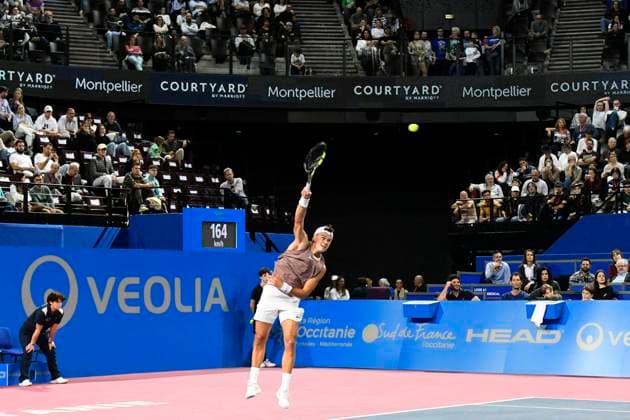 MONTPELLIER, FRANCE - FEBRUARY 3 : Holger RUNE (DEN) during the 1 2 final of the ATP, Tennis Herren 250 Open Sud de France tournament vs. Borna CORIC (CRO) in Montpellier, France on February 3rd, 2024. TENNIS : Open Sud de France ATP 250 - 03 02 2024 ValentinaClaret Panoramic 