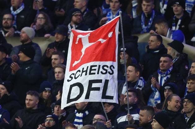 03 02 2024, xtgx, Fussball 2 Bundesliga, Hertha BSC Berlin Hamburger SV emspor, v l symbol photo, symbol image, Hertha fans a a banner with the inscription Scheiss DFL hoch DFL DFB REGULATIONS PROHIBIT ANY USE OF PHOTOGRAPHS as IMAGE SEQUENCES and or QUASI VIDEO Berlin