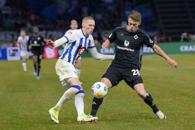 f l Palko Dardai Hertha BSC, 27 , Miro Muheim HSV, 28 , duel, action, fight, Hertha BSC Hamburger SV, 2 Bundesliga, football, DFB, Bundesliga, season 2023 2024, Olympia Stadion Berlin, DFB DFL REGULATIONS PROHIBIT ANY USE OF PHOTOGRAPHS AS IMAGE SEQUENCES AND OR QUASI VIDEO, 03 02 2024, photo HMB Media Uwe Koch Copyright: HMBxMedia UwexKoch
