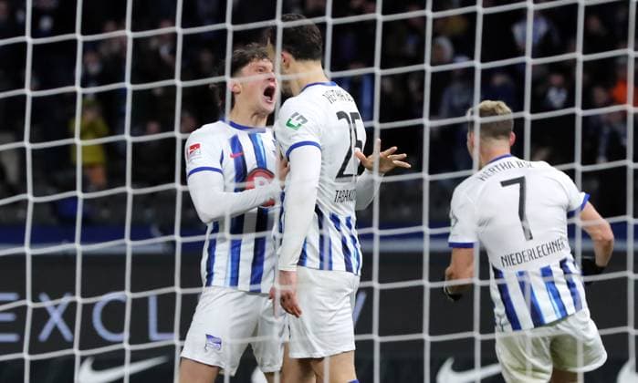 Haris Tabakovic cheers after 1 1 with Fabian Reese Joy Emotion Cheering Sport Football Soccer DFL 2 Bundesliga Men 20 Matchday Season 2023 2024 03 02 2024 Hertha BSC Berlin vs Hamburger SV HSV DFL regulations prohibit any use of photographs as image sequences and or quasi video