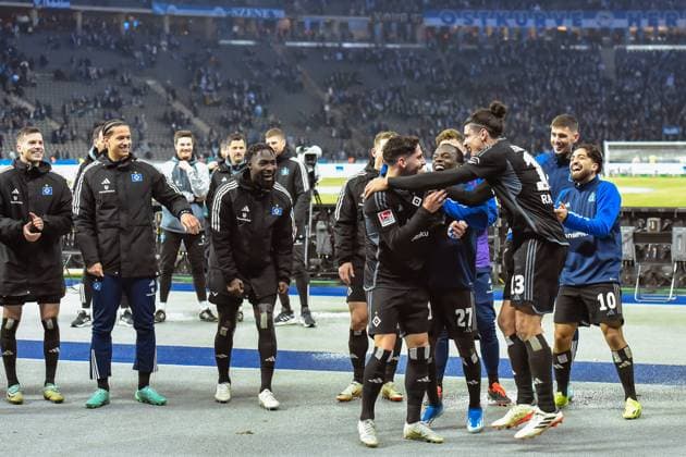 Soccer 2 Bundesliga, Hertha BSC Hamburger SV 03 02 2024, xdanx, Soccer 2 Bundesliga, Hertha BSC Hamburger SV, v l Ludovit Reis Hamburger SV 14 ,Jean Luc Dompe Hamburger SV 27 ,Guilherme Ramos Hamburger SV 13 ,Immanuel Pherai Hamburger SV 10 ,celebrate in the fan curve DFL DFB REGULATIONS PROHIBIT ANY USE OF PHOTOGRAPHS as IMAGE SEQUENCES and or QUASI VIDEO Photo Daniel Lakomski Mix1 Berlin Olympiastadion Berlin Berlin Germany EN Copyright: xDanielxLakomskix
