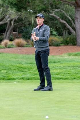 PEBBLE BEACH, CA - FEBRUARY 03: Justin Thomas reacts to a missed putt on the 2nd hole green during the 3rd round of the AT&T Pebble Beach Pro-Am tournament on Saturday, February 3, 2024 in Monterey, California. (Photo by Douglas Stringer Icon Sportswire) GOLF: FEB 03 PGA, Golf Herren AT&T Pebble Beach Pro-Am EDITORIAL USE ONLY Icon24020310