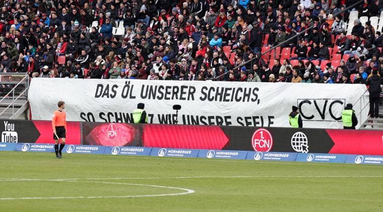 03 02 2024 Soccer Season 2023 2024 2 Soccer Bundesliga 20 Matchday 1 FC Nürnberg FCN Club VfL Osnabrück Sportfoto Zink DaMa xdaxmax DFL regulations prohibit any use of photographs as image sequences and or quasi video only for editorial use Symbolbild Symbolfoto Feature Impression Spruchband Transparent der Clubfan Clubfans FCN Fans Fans Fans zum den möglichen DFL Investoren Das Öl der Scheichs, so schwarz wie unsere Seele CVC