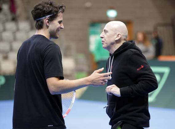 TENNIS - Davis Cup, IRL vs AUT LIMERICK,IRELAND,04.FEB.24 -TENNIS - ITF Davis Cup, World Group I, play off, Ireland vs Austria, training AUT. Image shows Dominic Thiem and masseur Werner Farmer (AUT).  GEPAxpictures xWalterxLuger