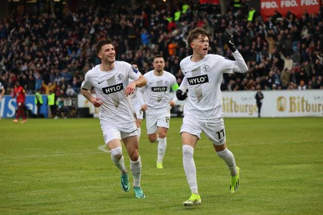 04 02 2024, Soccer, Men, 2 Bundesliga, Season 2023 2024, SV 07 Elversberg 1 FC Kaiserslautern, Goal celebration to 1 0, Goalscorer Paul Wanner SV 07 Elversberg Elversberg Ursapharm Arena an der Kaiserlinde Saarland Germany EN